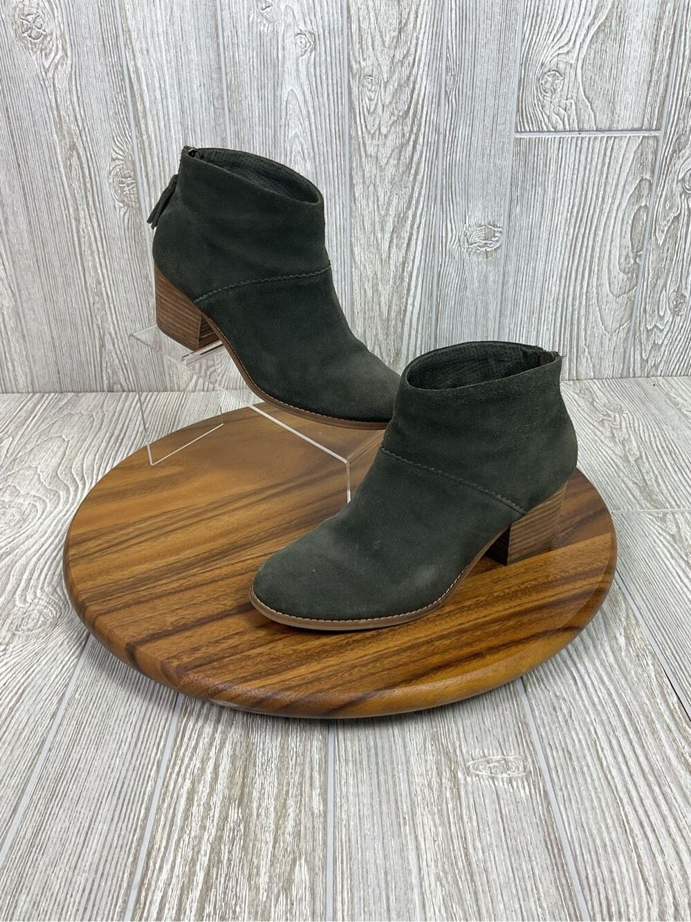 TOMS Suede Block Heel Ankle Booties Olive Green Size 9 Womens Zip Heel
